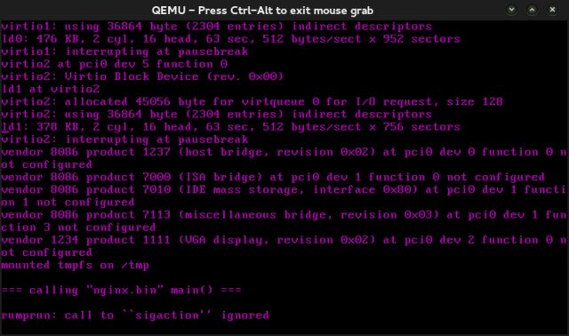 QEMU running nginx unikernel